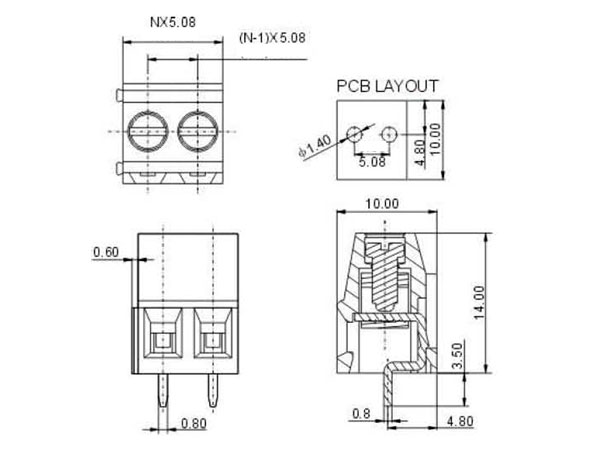 Regleta Clema PCB 14 mm Paso 5,08 mm 2 Contactos - DG500-5.08-02P-14