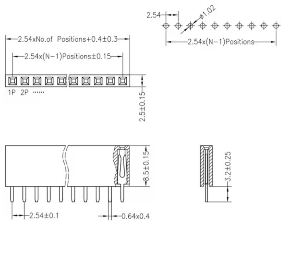Regleta Pin 2,54 mm Hembra Recta 19 Contactos