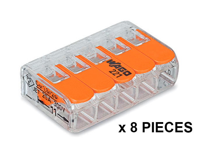 Wago 221-415 - Set of 8 - 5 Junctions up to 4.0 mm² - Wire Block clamp Terminal Cable with Lever - BLISTER 92214150