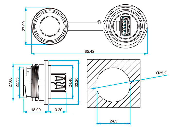 Adaptateur USB-A Femelle Panneau vers USB-A Femelle avec Couvercle