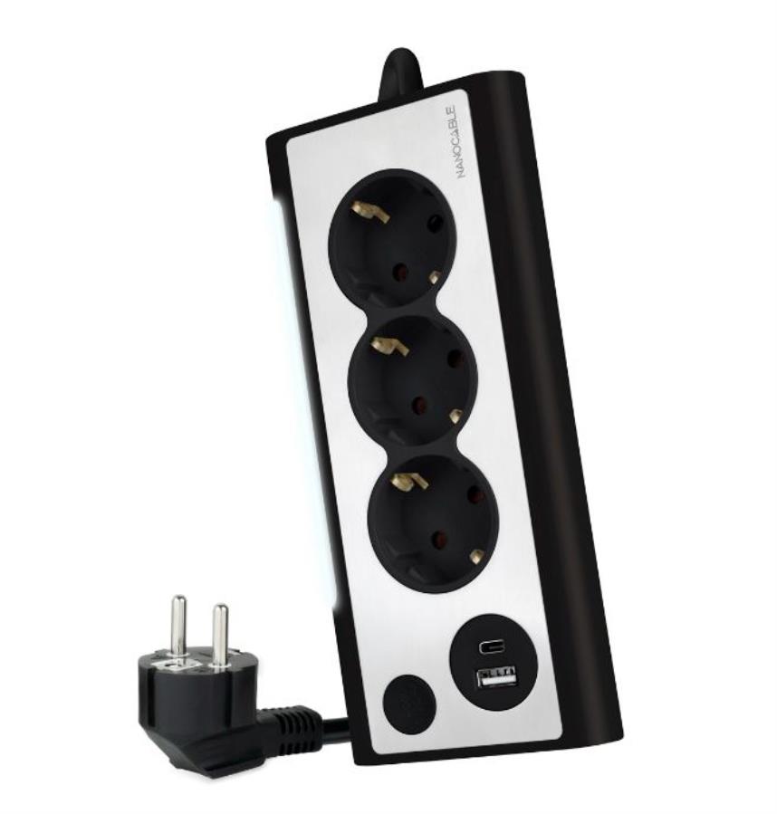 Nanocable - Base réseau 3 prises avec masse avec câble 1,5 M + 2 USB + lumière - 10.37.0013-BK