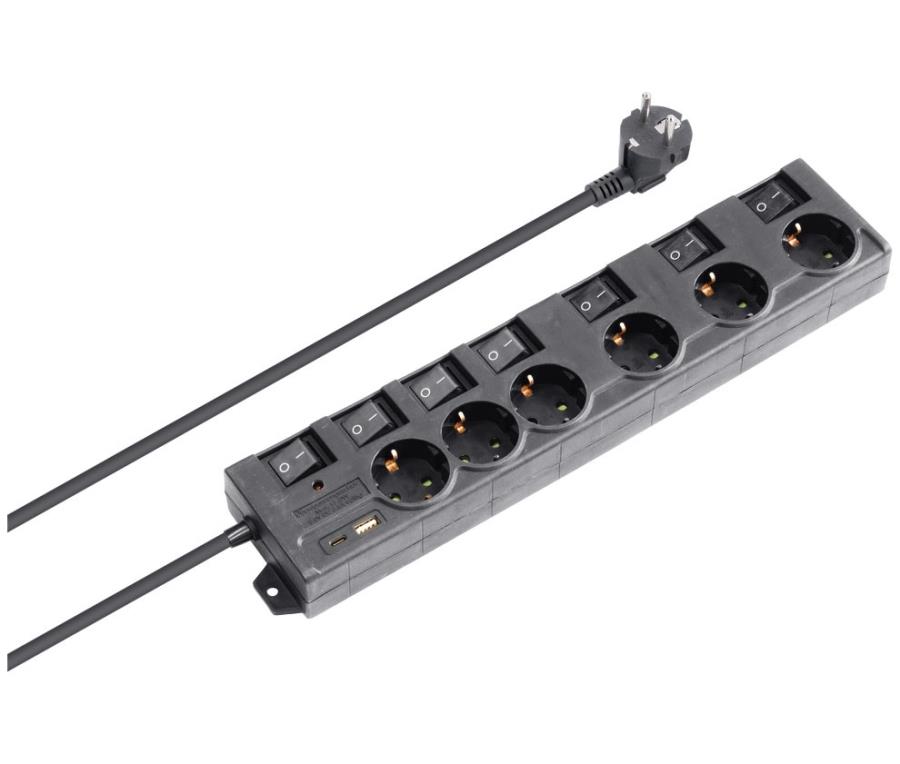 Base red 6 tomas con tierra e interruptores con cable 1,3 m + USB-A + USB-B - MEL281