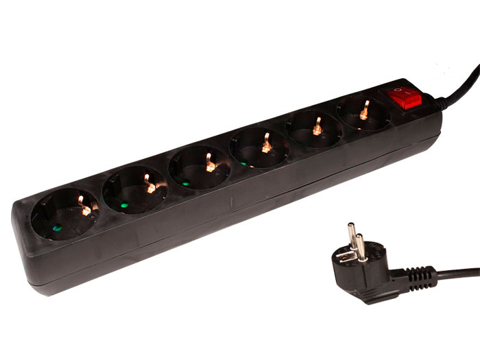 Simon BM437316 - 6 Socket Multi-Plug Adapter with Earthing Contact - Black - 2 m Cable