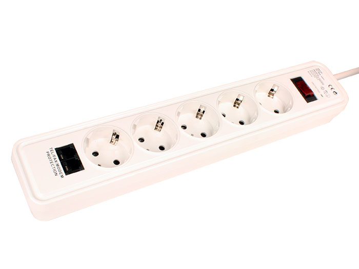 Simon BM537009 - 5 Socket Multi-Plug Adapter with Earthing Contact - Telephone filtre - 1.5 m Cable