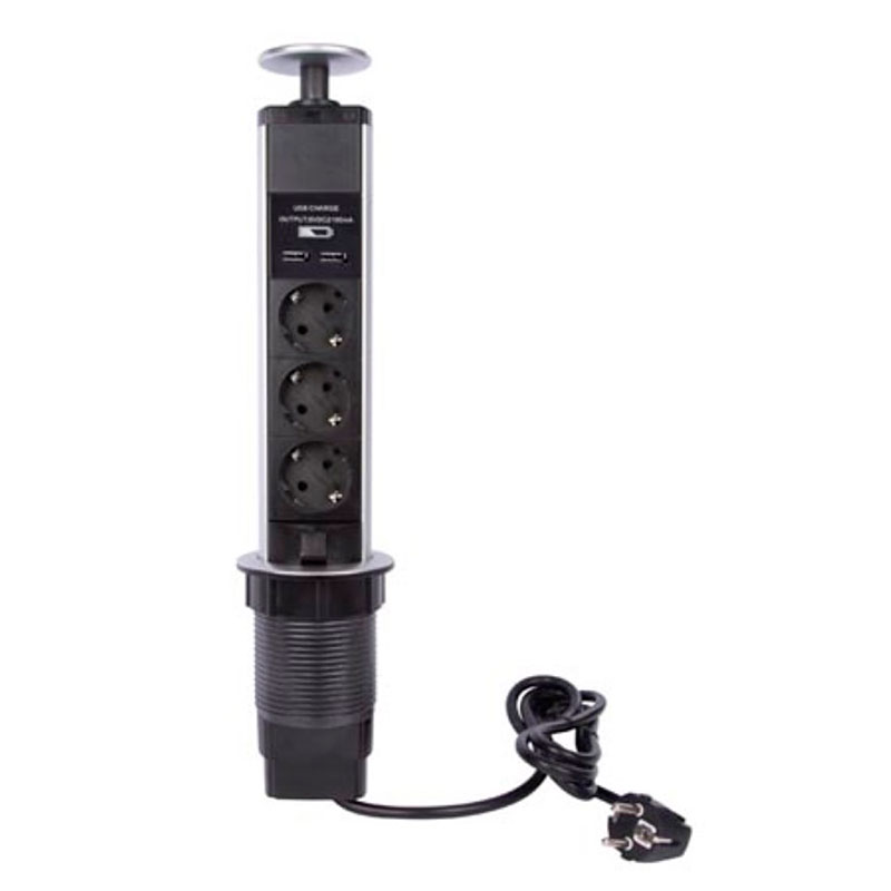 Velleman - Base de tomadas embutida para mesa com 3 tomadas Schuko e 2 portas USB