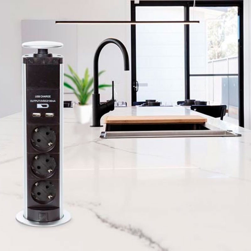 Velleman - Base de tomadas embutida para mesa com 3 tomadas Schuko e 2 portas USB