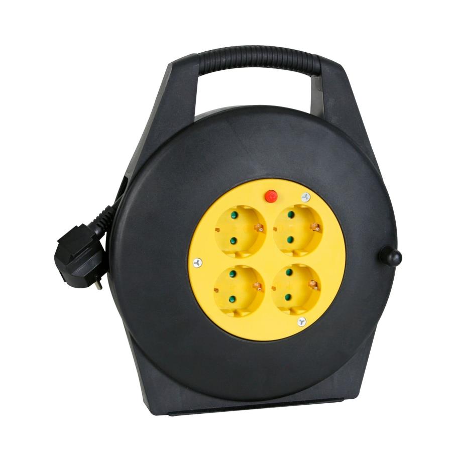 Perel ECR10-G - Enrollacables con 4 tomas con tierra y disyuntor - Cable de 1,5 mm y 10 m - 3200 W máximo