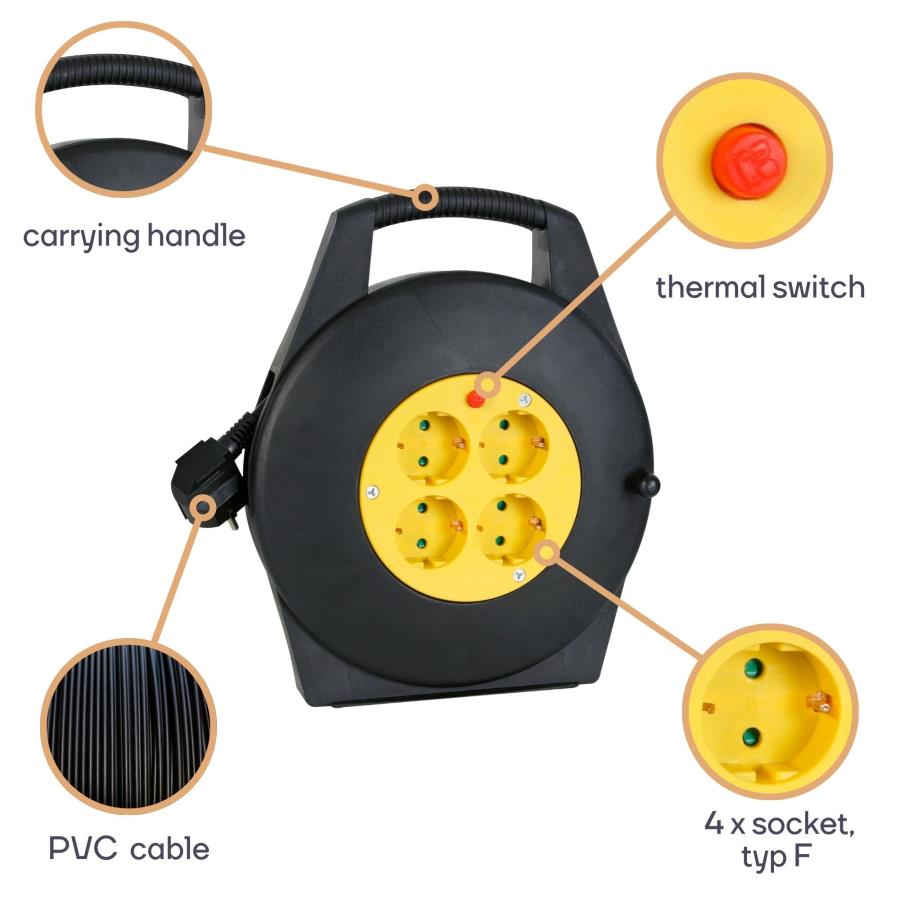 Perel ECR10-G - Cable reel with 4 grounded sockets and circuit breaker - 1.5 mm cable and 10 m - 3200 W maximum