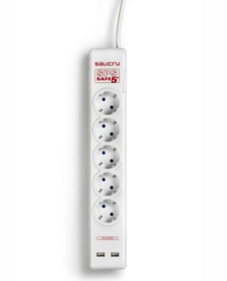 Salicru SPS SAFE 5S+ - Régua de proteção com 5 tomadas Schuko, 2 USB-C e USB-A até 20 W - 680DA000003