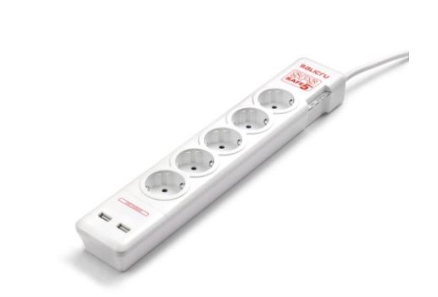Salicru SPS SAFE 5S+ - Régua de proteção com 5 tomadas Schuko, 2 USB-C e USB-A até 20 W - 680DA000003