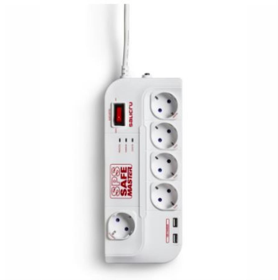 Salicru SPS SAFE MASTER+ - Régua de proteção com 6 tomadas Schuko, Master/Slave e USB até 20 W - 680DA000004