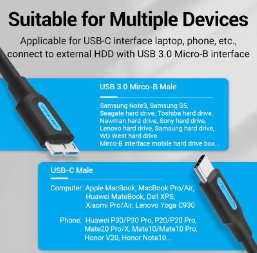 VENTION CQABD - Câble USB-C Mâle vers Micro-B Mâle - USB 3.0 (CQA) - 0,5 m - 2 A - 5Gbps