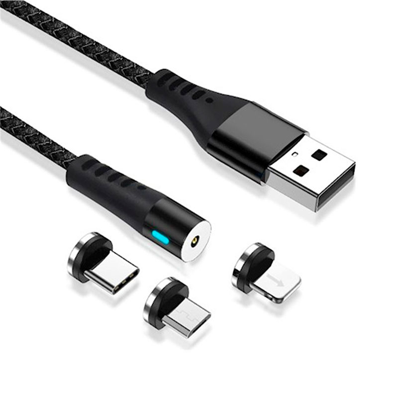 Câble magnétique tressé USB-A avec connecteurs Micro-USB, USB-C et Lightning, jusqu’à 2 A