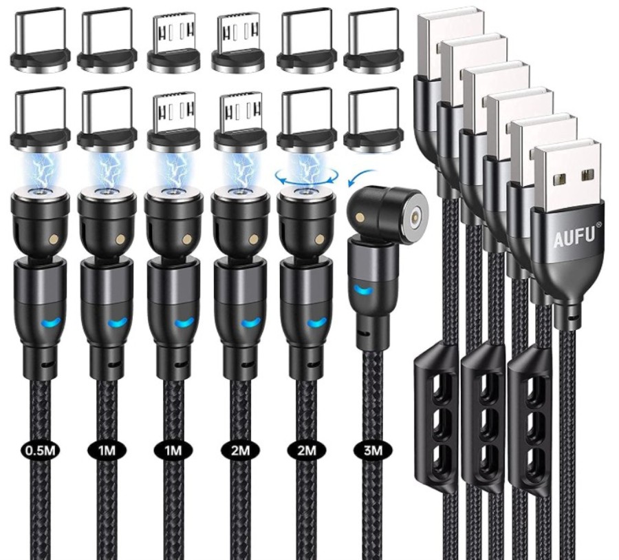 Rotating magnetic charging connection from USB-A Male to USB-C / micro USB - 0.5, 1, 1, 2, 2 and 3 m