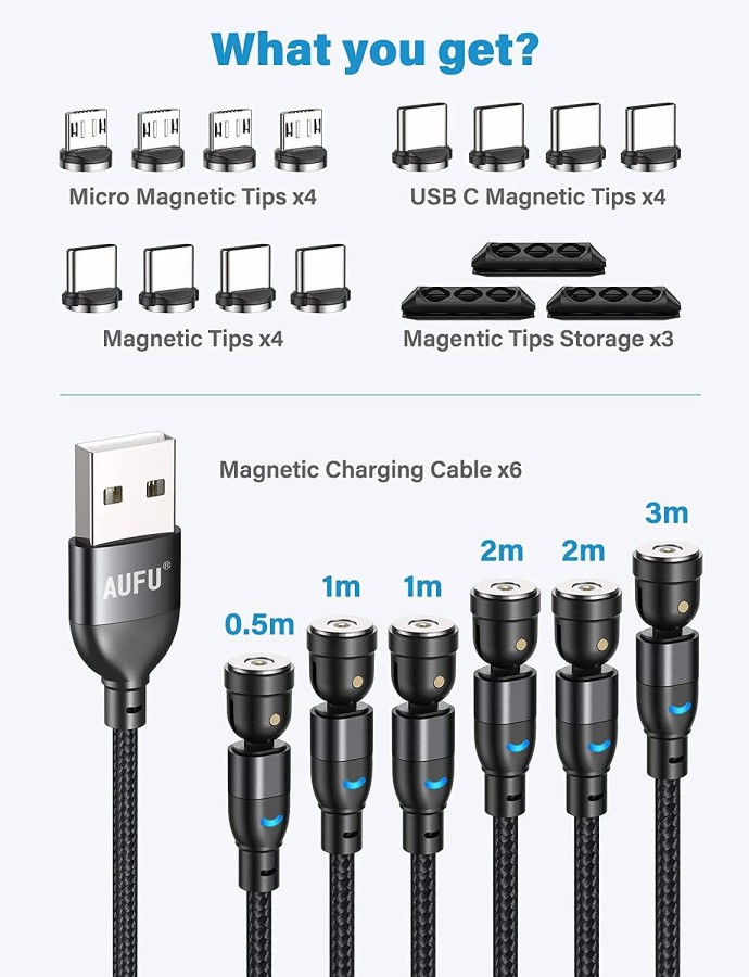 Rotating magnetic charging connection from USB-A Male to USB-C / micro USB - 0.5, 1, 1, 2, 2 and 3 m
