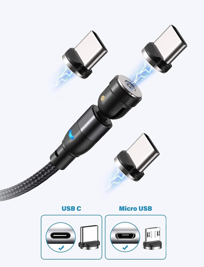 Rotating magnetic charging connection from USB-A Male to USB-C / micro USB - 0.5, 1, 1, 2, 2 and 3 m