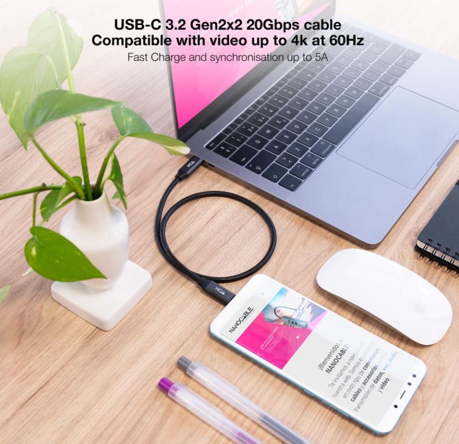 Nanocable - Conexion USB-C Macho - USB-C Macho 2M 3.2 GEN2x2 20Gbps 4K/60Hz 5A/100W - 10.01.4102-COMB