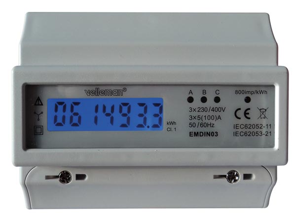 Velleman - Medidor Energia Trilho DIN - Medidor kWh Trifásico - 7 Módulos - EMDIN03