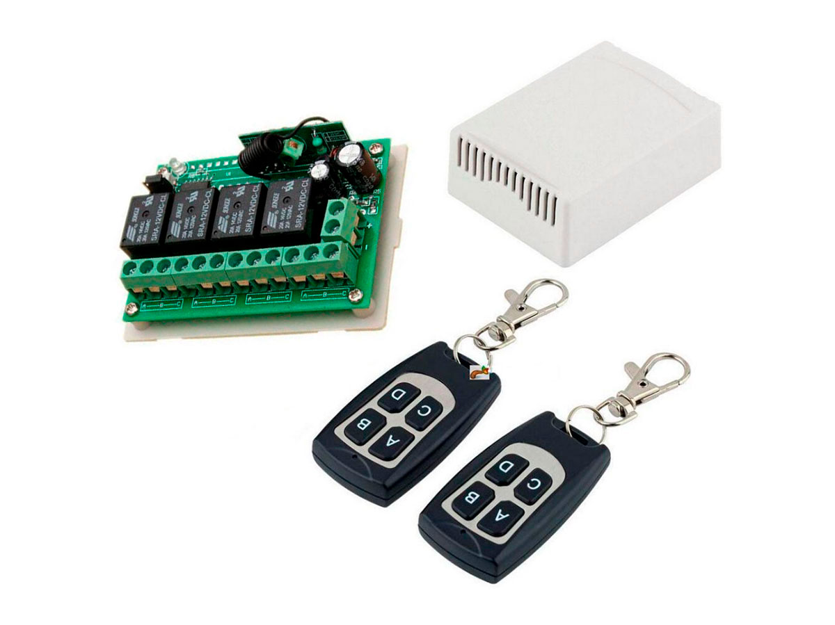 Receptor Inhalambrico 433MHZ 4 Canales 12VDC con 2 Mandos Remotos