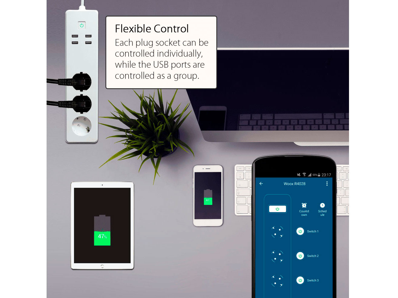 Woox R4028 - Regua Rede 4 Tomadas - 4 Portas USB - Inteligente