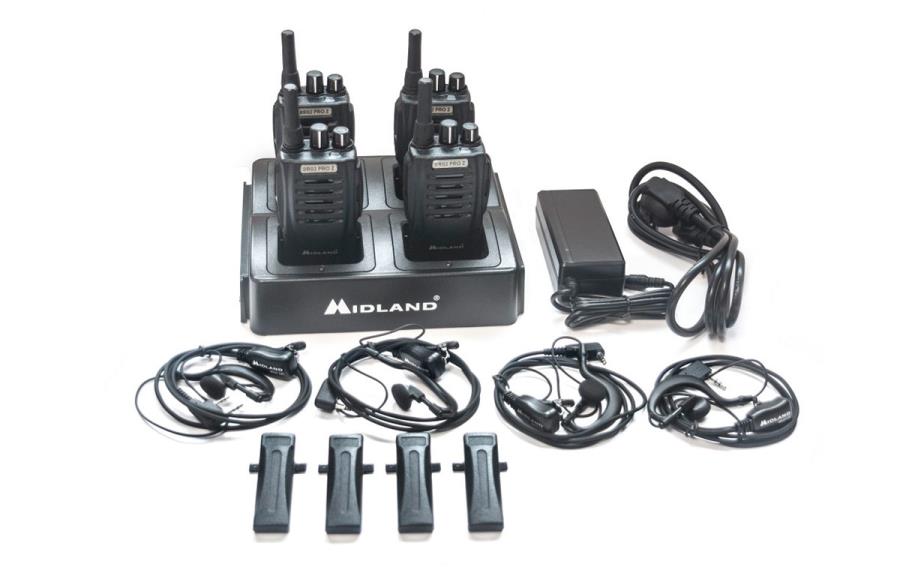 Midland BR02 PRO Z PACK 4 - Professional Walkie Talkie + Microphone + Base Charger - 4 Units Pack - C1524.01