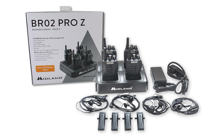 Midland BR02 PRO Z PACK 4 - Professional Walkie Talkie + Microphone + Base Charger - 4 Units Pack - C1524.01