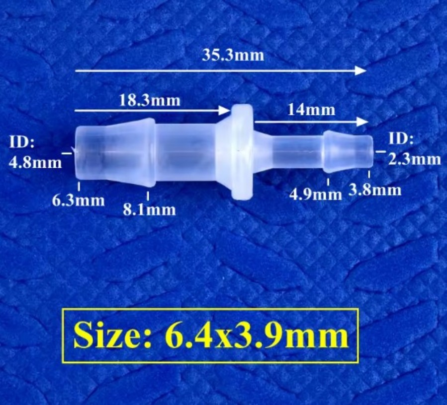 Adaptador manguera de fluidos de 6,4 a 3,9 mm - Polipropileno uso alimentario - 50 Unidades