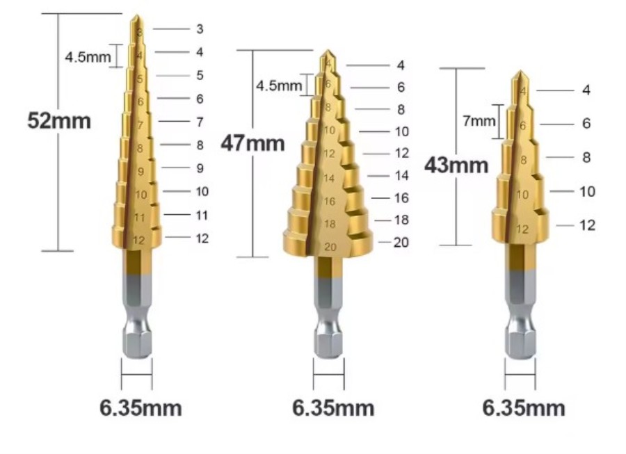 Set de 3 brocas hexagonais escalonadas de 3 a 12 mm, 4 a 12 mm e 4 a 20 mm, com estojo.