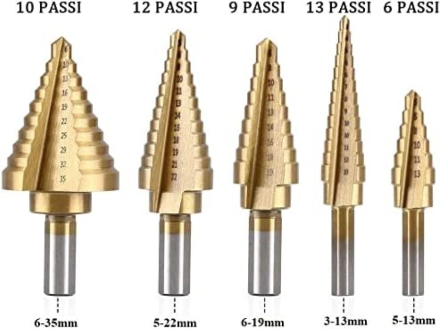 Set of 3 stepped hexagonal drill bits 6..35mm 5..22mm 6..19mm 3..13mm 5..13mm + Box