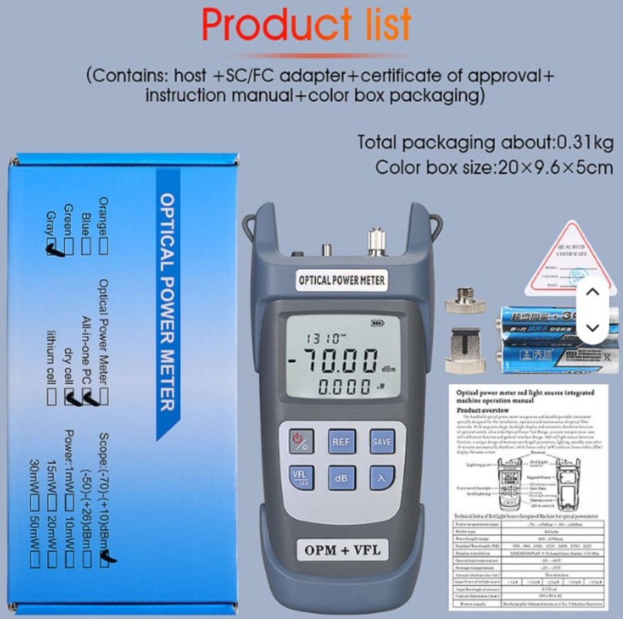 Comptyco AUA-G710B - Medidor de potência de fibra ótica OPM+VFL+Luz -70 ~+10dBm - 30 mW