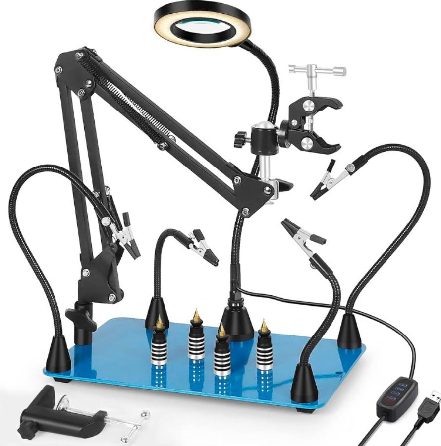 Terceira Mão Magnética: Base + Lupa + Suporte Pistola de Calor + 4 Pinças Flexíveis + 4 Suportes