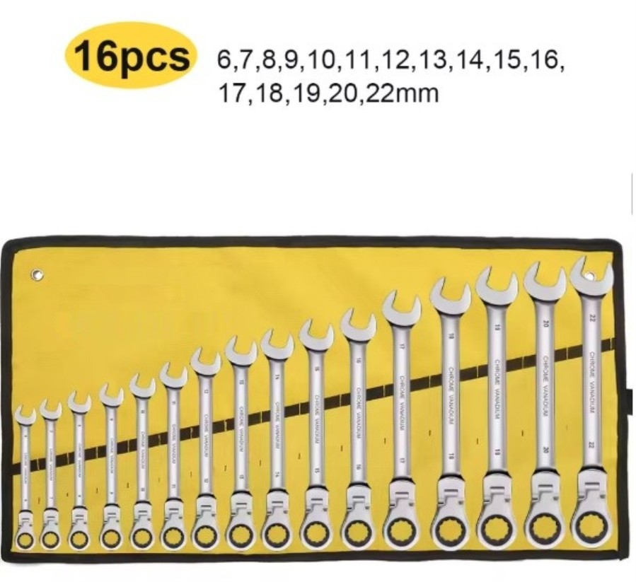 Set de 16 llaves 6 a 22 mm: Carraca con cabezal flexible y Fijas - Acero/Cromo vanadio - Estuche
