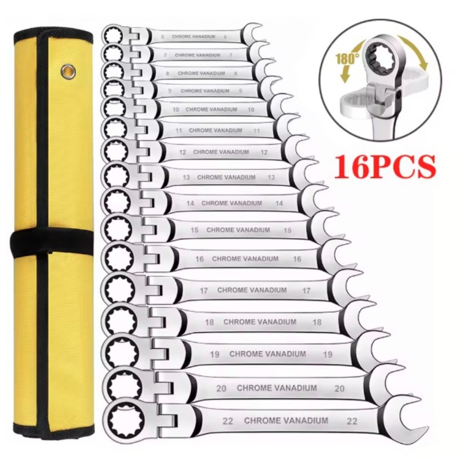 16-piece 6-22mm Flex Head Ratcheting Wrench Set and Fix Ended Spanner - Steel/Chrome vanadium - Case