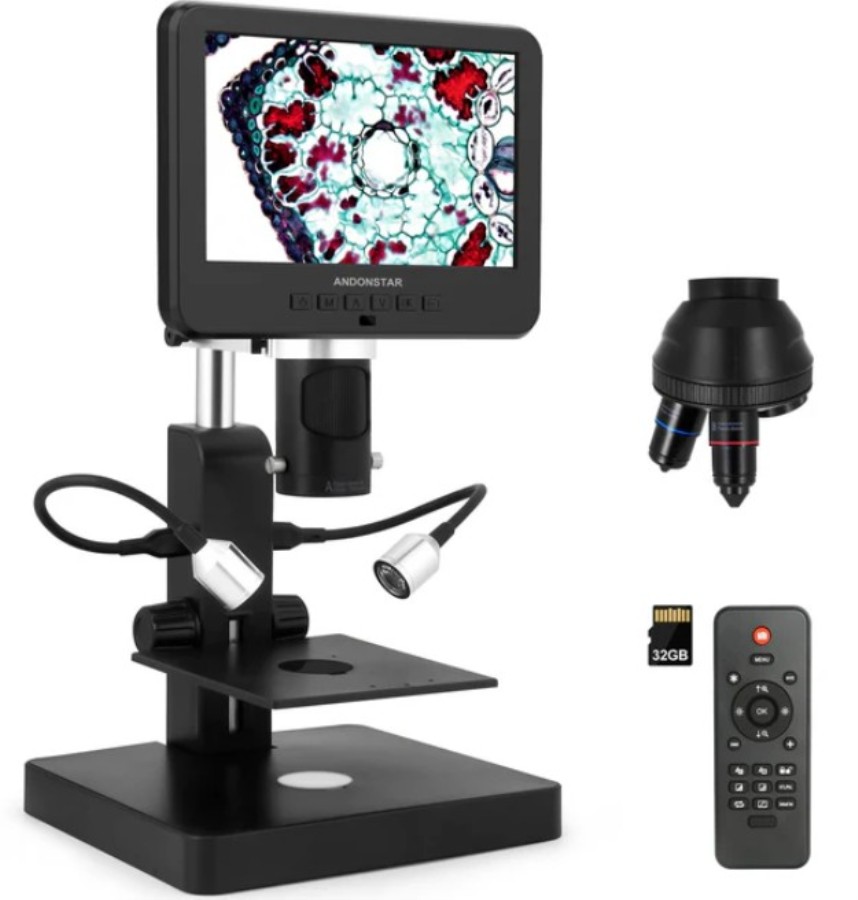 Andonstar AD246S-P - Microscopio biológico digital con 3 lentes y monitor 7”