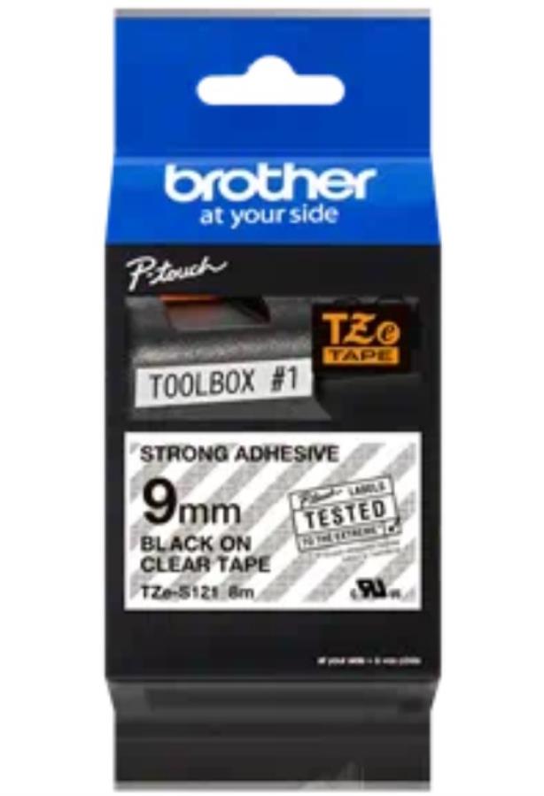 Brother TZe-S121 - Ruban Super Adhésif Laminé, Rouleau 9 mm, Noir sur Transparent - TZES121