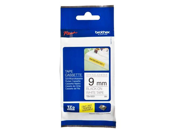 Brother TZe-S221 - Ruban Super Adhésif Laminé, Rouleau 9 mm, Noir sur Blanc - TZES221