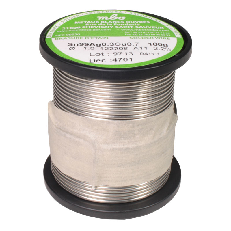 mbo - Soldadura de Estaño 99%Sn 0,3%Ag 0,7Cu 1 mm - A11 2,2% - 100 g - sin Plomo - 122208