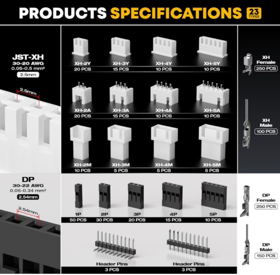 Outil de sertissage + Jeu de 23 connecteurs XH et Dupont 2,54 mm de différents types