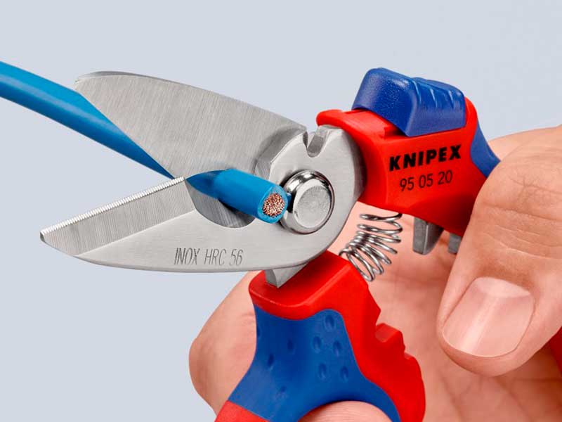 Knipex 95 05 20 SB - Tesoura de eletricista angular com crimpador para virolas ocas