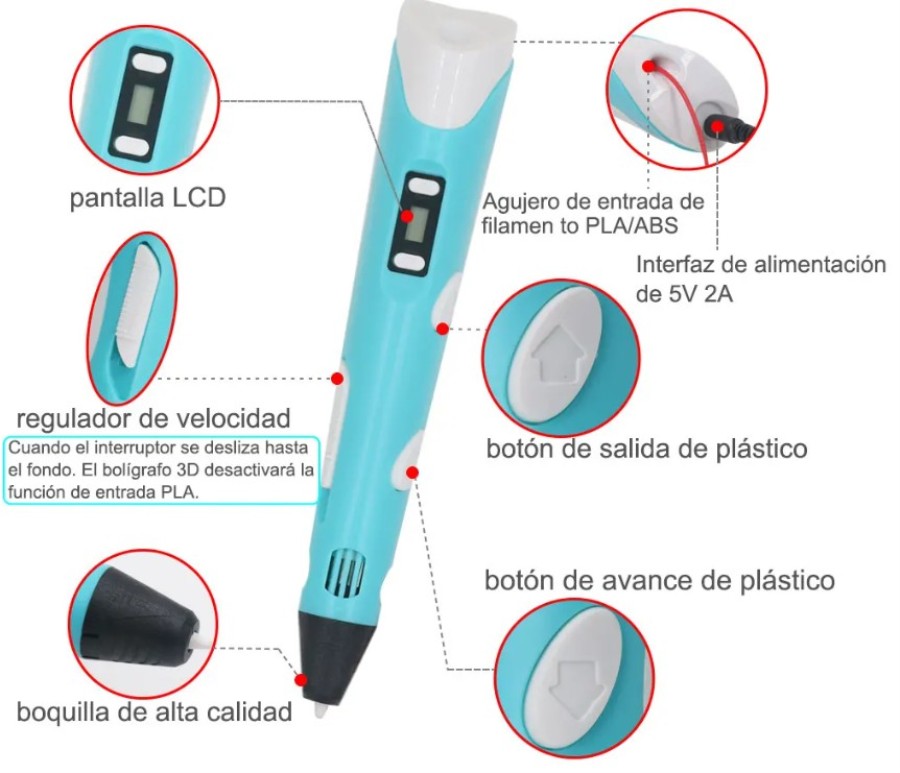 Lápiz 3D + Adaptador + Dedales + Maletín + Filamento (10 Colores x 5 m)