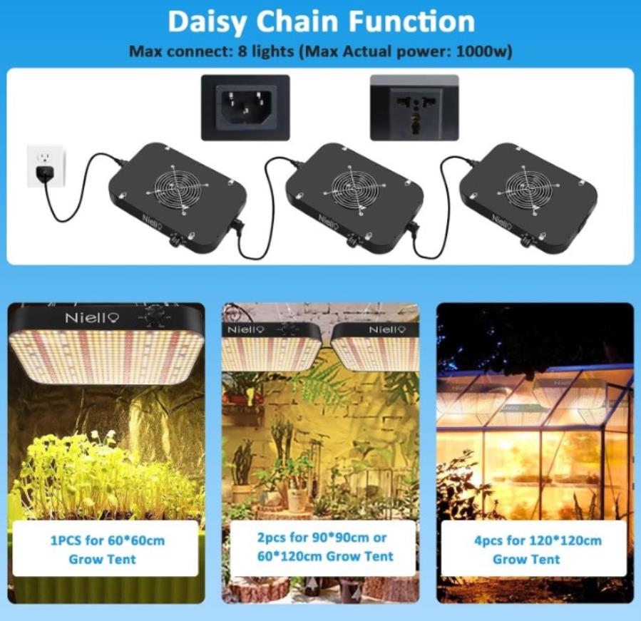 Niello B-LZB1200 - Lámpara LED UV y IR para plantas regulable - 130 W LED (equivalente a 1200 W)