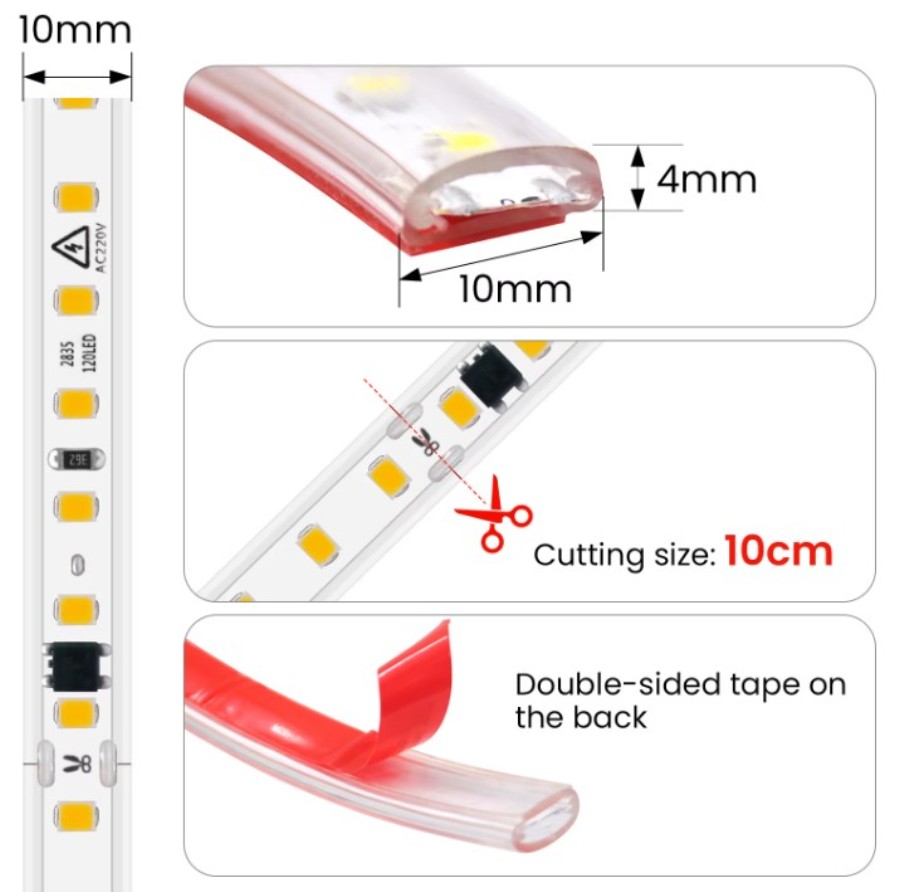 Self-adhesive neutral white LED strip - IP65 - 120 2835 LEDs per meter - 220 Vac and switch - 5m