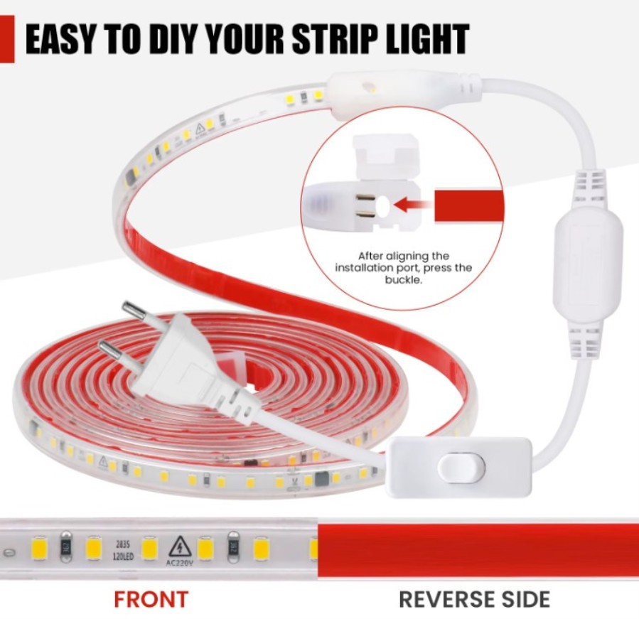 Self-adhesive neutral white LED strip - IP65 - 120 2835 LEDs per meter - 220 Vac and switch - 5m