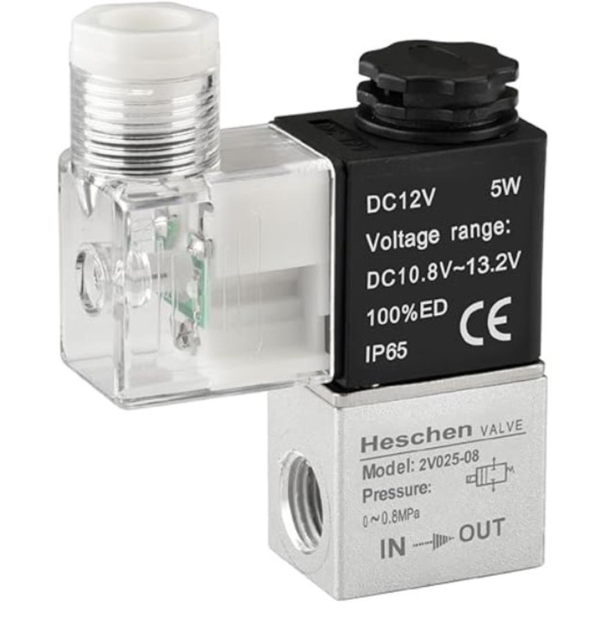 Heschen 2V025-08 12VDC PT1/4 2/2 - Solenoide Electroválvula 1/4” - 12 V Normalmente Cerrado - IP65 – 0.8 MPa.