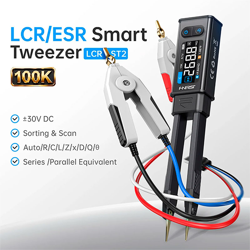 FNIRSi LCR-ST2 Plus - Digital LCR tweezer meter 100 kHz for measuring resistance, capacitance, inductance and ESR