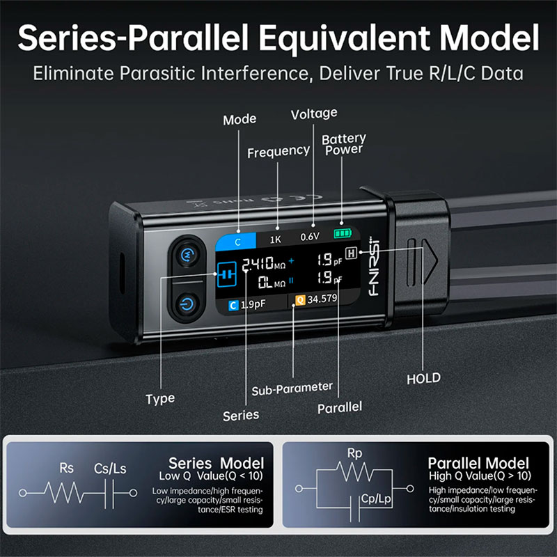 FNIRSi LCR-ST2 Plus - Digital LCR tweezer meter 100 kHz for measuring resistance, capacitance, inductance and ESR