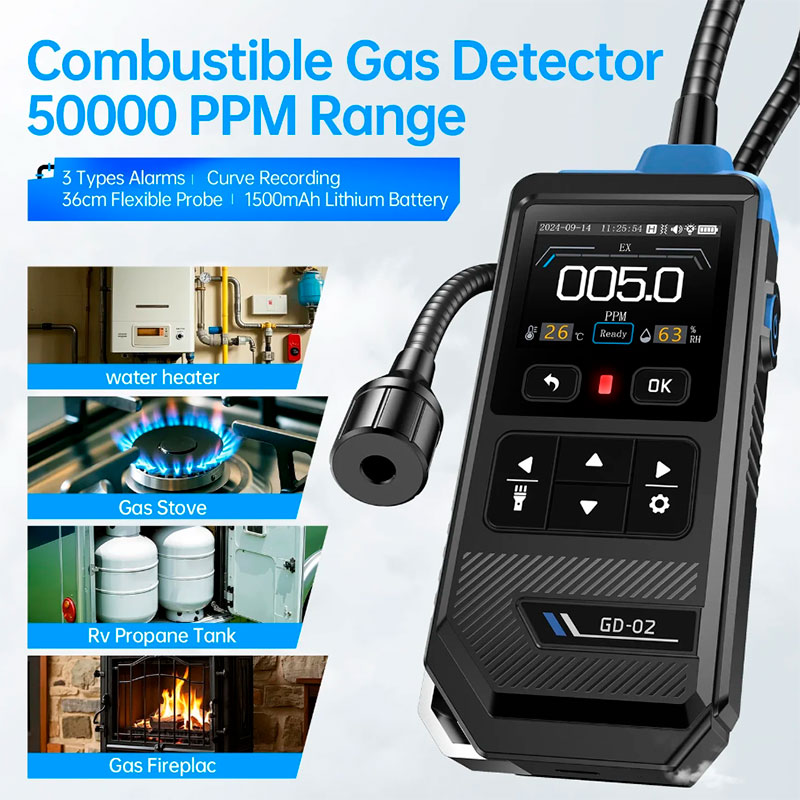 FNIRSi GD-02 - Détecteur portable de gaz combustibles avec sonde flexible, méthane, propane et isobutane