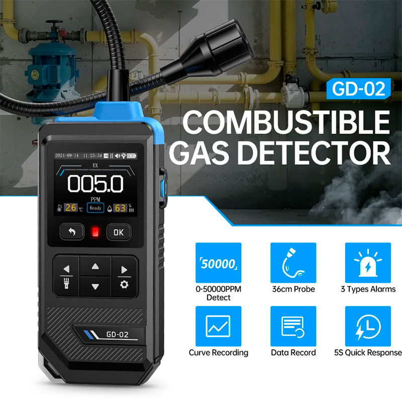 FNIRSi GD-02 - Détecteur portable de gaz combustibles avec sonde flexible, méthane, propane et isobutane