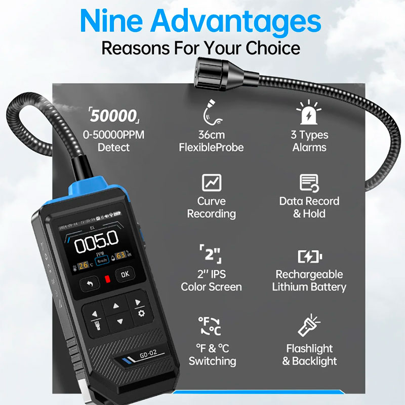 FNIRSi GD-02 - Détecteur portable de gaz combustibles avec sonde flexible, méthane, propane et isobutane