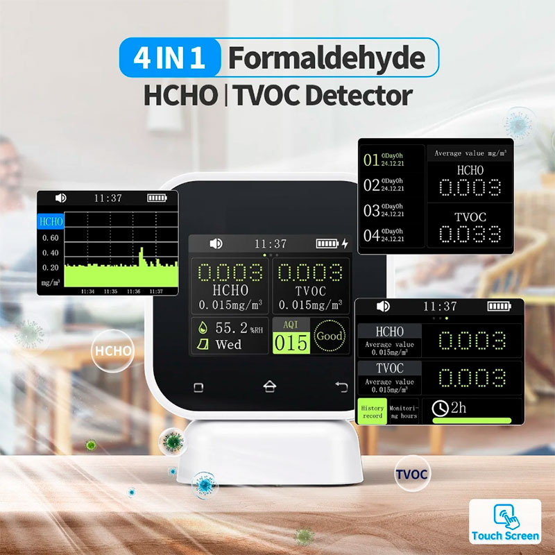 FNIRSi SFD-02 - Moniteur de qualité de l’air intérieur avec HCHO, COVT, humidité, écran tactile et alarme